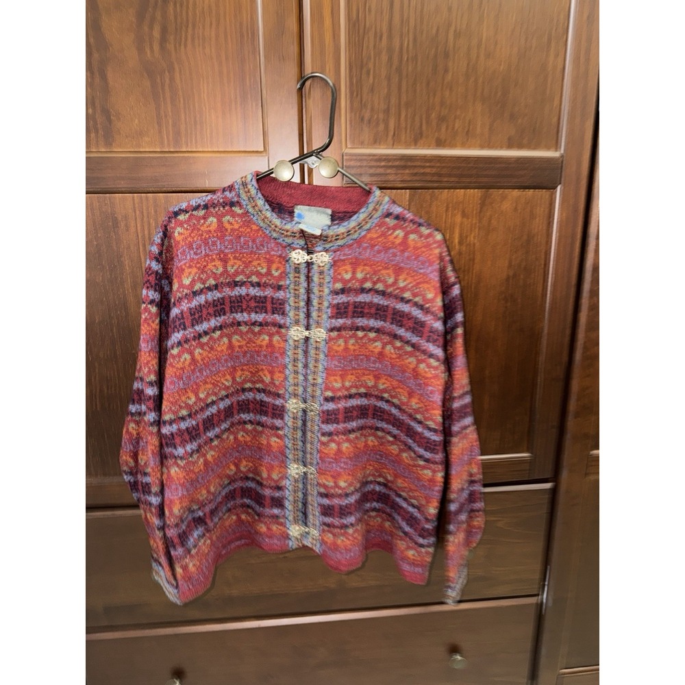 Squaw Valley Womens S Fair Isle Nordic Wool Metal Clasp Cardigan Sweater Large